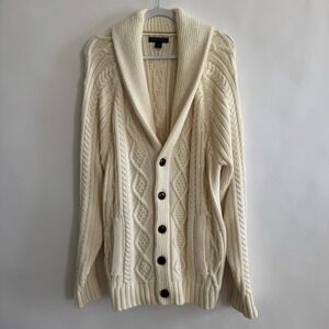 Banana Republic Mens Organic Cotton Cream Cable Knit Cardigan XL Fisherman Ivory
